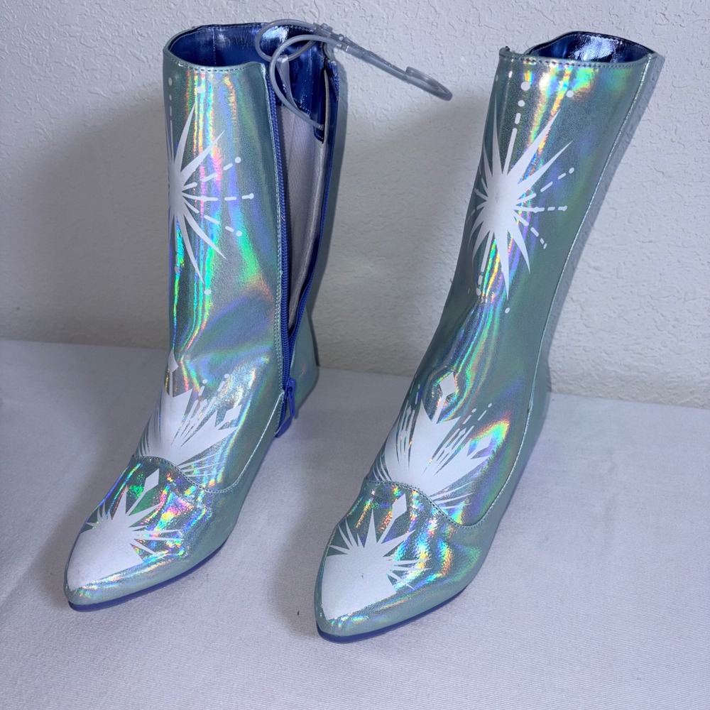 Disney Frozen kids Elsa Boots Size 2/3 Blue Holographic Iridescent Faux Pearl